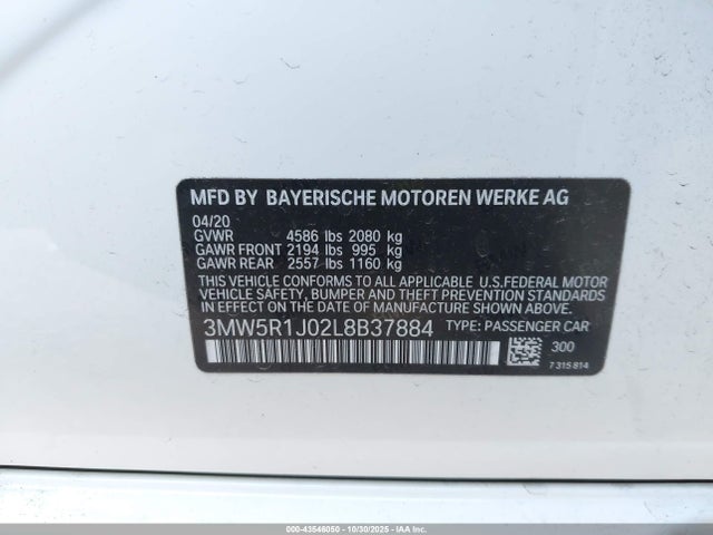 3MW5R1J02L8B37884 BMW 330I