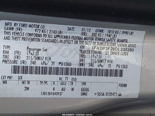 2013 FORD FOCUS 1FADP3F28DL235280 Photo 8