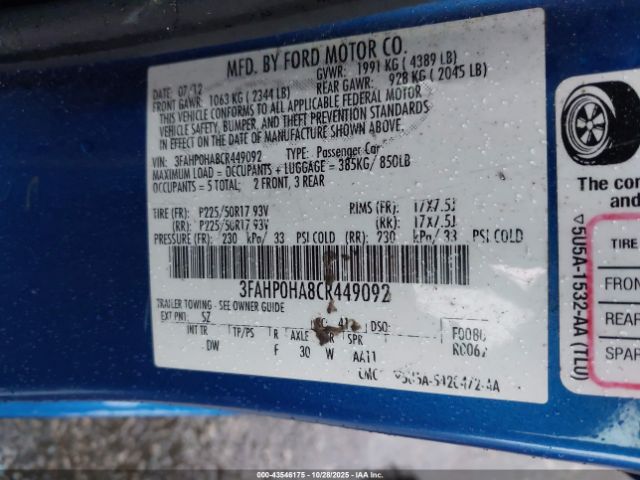 2012 FORD FUSION 3FAHP0HA8CR449092 Photo 8