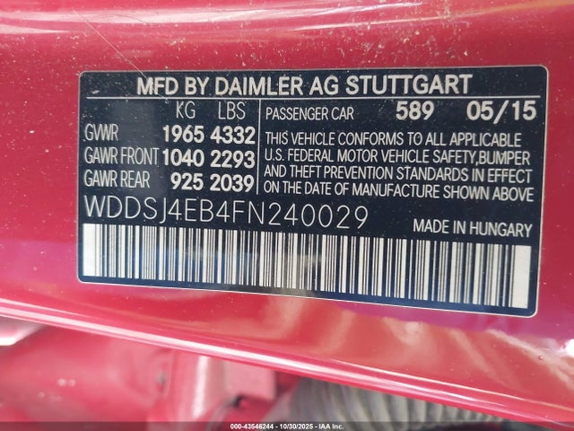 43546244 :رقم المزاد ، WDDSJ4EB4FN240029 vin ، 2015 Mercedes-benz Cla 250 مزاد بيع