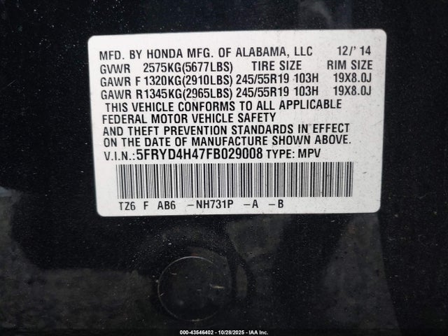Aukcja sprzedaży 2015 Acura Mdx Technology Package, vin: 5FRYD4H47FB029008, numer aukcji: 43546402