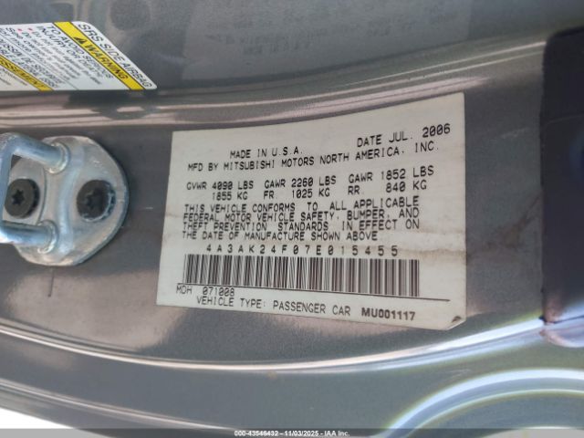 2007 MITSUBISHI ECLIPSE 4A3AK24F07E015455 Photo 8