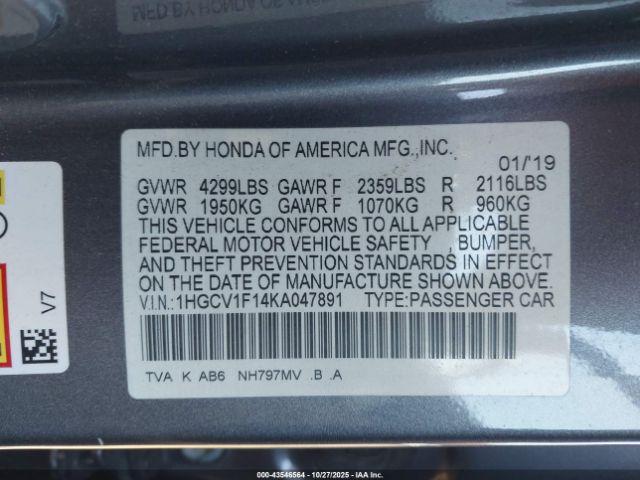 2019 HONDA ACCORD 1HGCV1F14KA047891 Photo 8