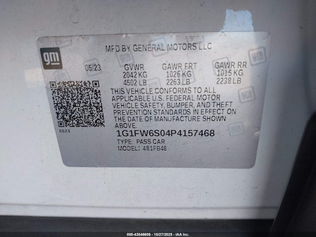 1G1FW6S04P4157468 Chevrolet Bolt Ev Fwd 1lt