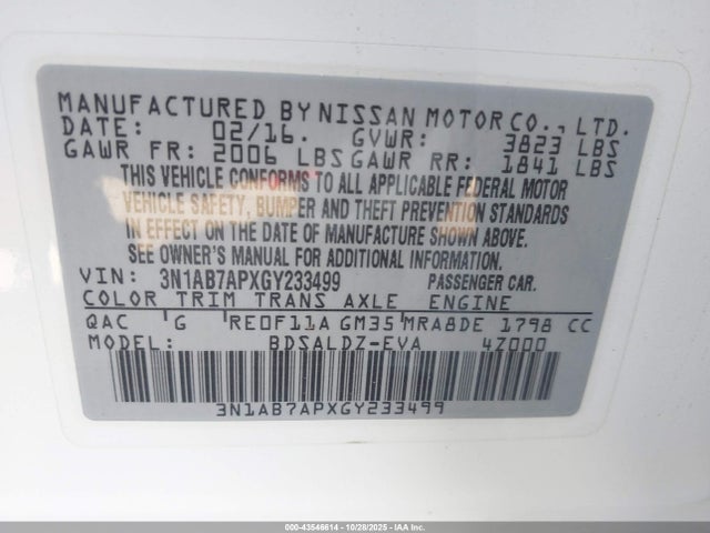 3N1AB7APXGY233499 Nissan SENTRA SV