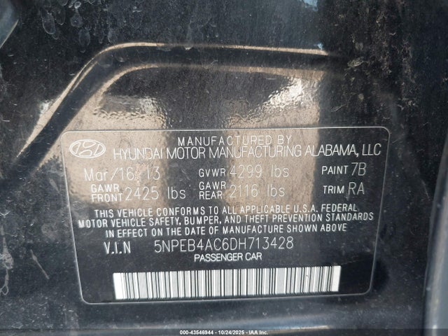 Aukcja sprzedaży 2013 Hyundai Sonata Gls, vin: 5NPEB4AC6DH713428, numer aukcji: 43546944