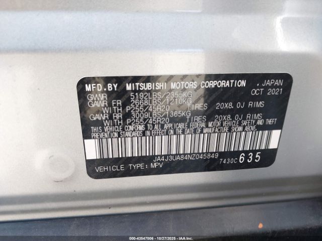 2022 MITSUBISHI OUTLANDER JA4J3UA84NZ045849 Photo 8