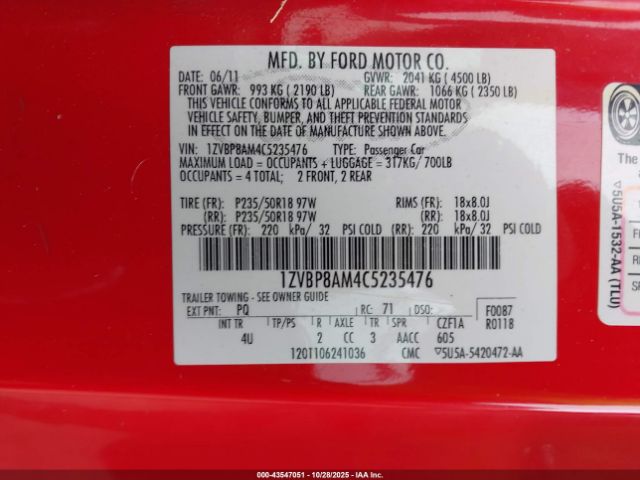 2012 FORD MUSTANG 1ZVBP8AM4C5235476 Photo 8