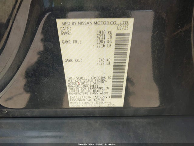 Aukcja sprzedaży 2015 Nissan Altima 2.5 Sl, vin: 1N4AL3AP6FN395263, numer aukcji: 43547060