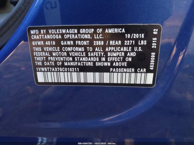 2016 VOLKSWAGEN PASSAT 1VWBT7A37GC010211 Photo 8