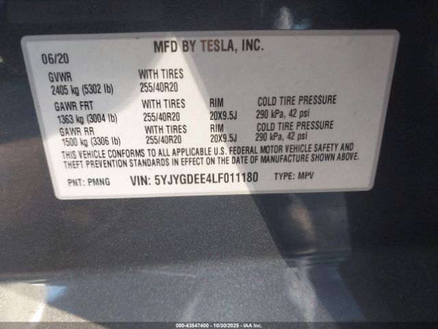 2020 TESLA MODEL Y 5YJYGDEE4LF011180 Photo 8
