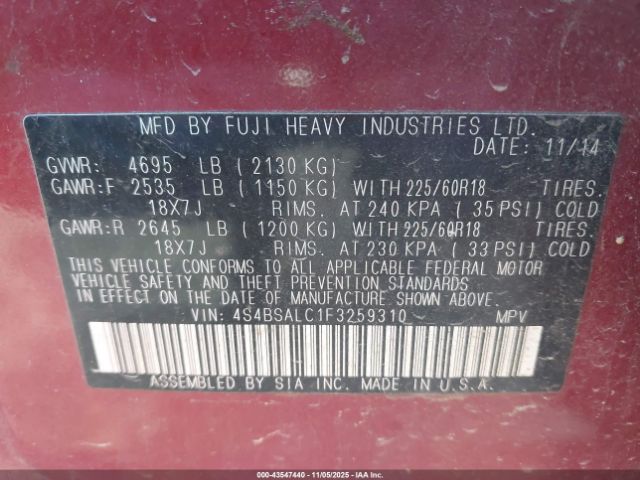 2015 SUBARU OUTBACK 4S4BSALC1F3259310 Photo 8