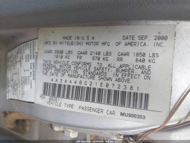 2001 MITSUBISHI GALANT 4A3AA46G21E072381 Photo 8