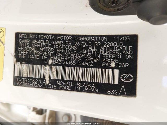 43547460 :رقم المزاد ، JTHBA30G365164602 vin ، 2006 Lexus Es 330 مزاد بيع
