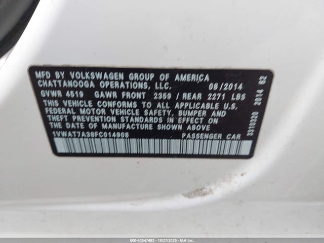 43547483 :رقم المزاد ، 1VWAT7A38FC014908 vin ، 2015 Volkswagen Passat 1.8t Wolfsburg Edition مزاد بيع