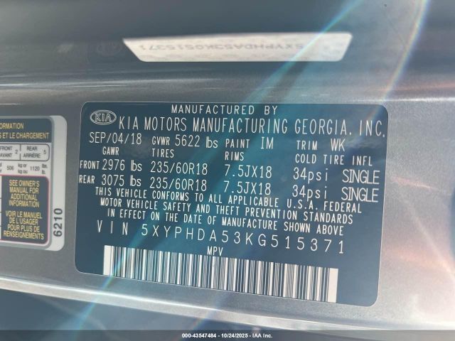 2019 KIA SORENTO 5XYPHDA53KG515371 Photo 8