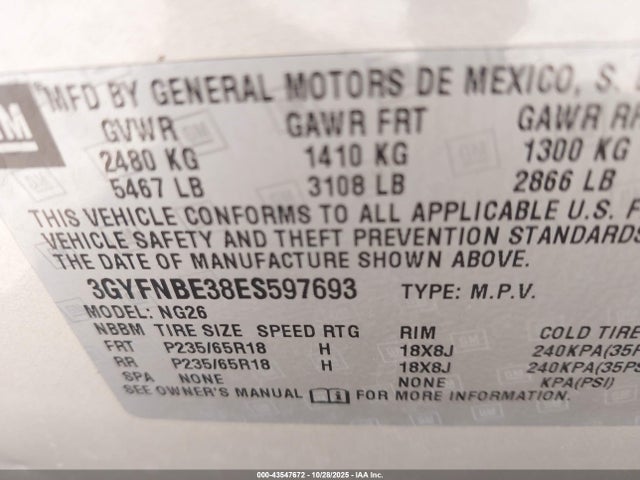 43547672 :رقم المزاد ، 3GYFNBE38ES597693 vin ، 2014 Cadillac Srx Luxury Collection مزاد بيع