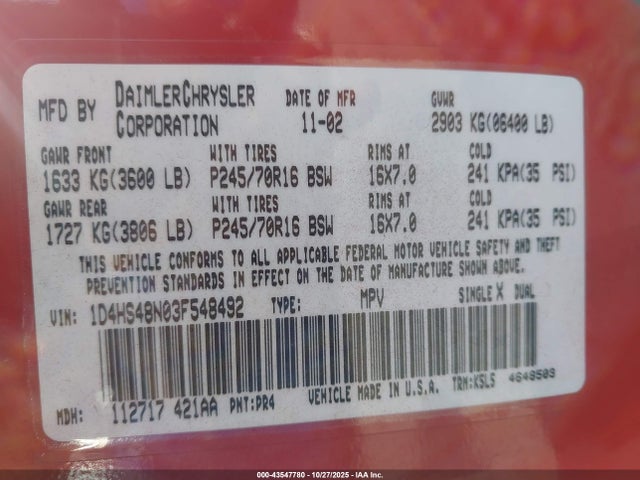 2003 DODGE DURANGO 1D4HS48N03F548492 Photo 8