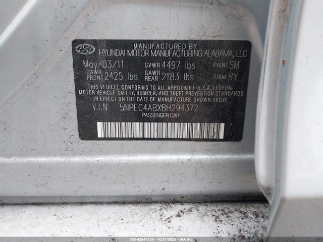 Aukcja sprzedaży 2011 Hyundai Sonata Limited 2.0t, vin: 5NPEC4ABXBH294372, numer aukcji: 43547834