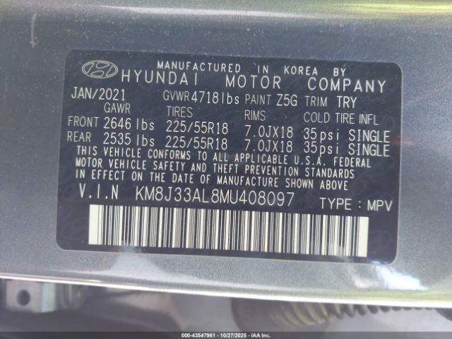 2021 HYUNDAI TUCSON KM8J33AL8MU408097 Photo 8