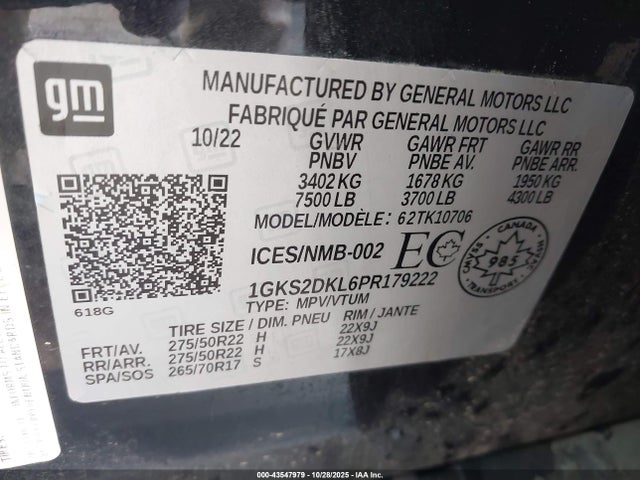2023 Gmc Yukon 4wd Denali მანქანა იყიდება აუქციონზე, vin: 1GKS2DKL6PR179222, აუქციონის ნომერი: 43547979