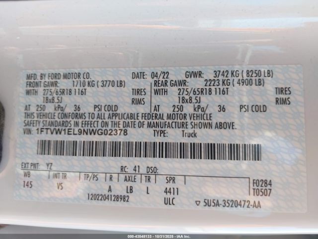 2022 FORD F-150 LIGHTNING 1FTVW1EL9NWG02378 Photo 8