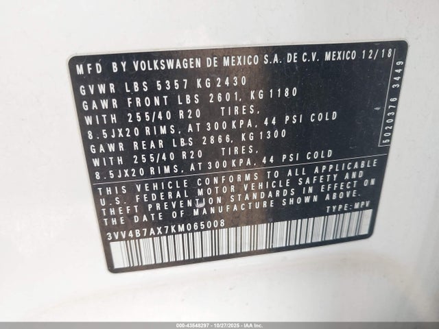 Aukcja sprzedaży 2019 Volkswagen Tiguan 2.0t Sel Premium/2.0t Sel Premium R-line, vin: 3VV4B7AX7KM065008, numer aukcji: 43548297