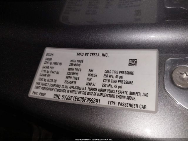 2025 TESLA MODEL 3 5YJ3E1EB3SF969391 Photo 8