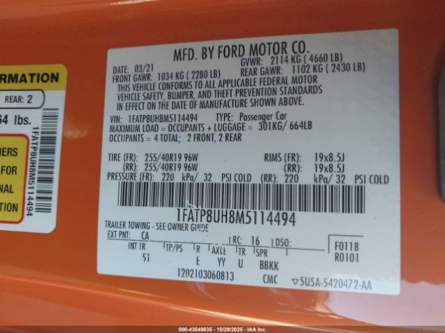 2021 FORD MUSTANG 1FATP8UH8M5114494 Photo 8