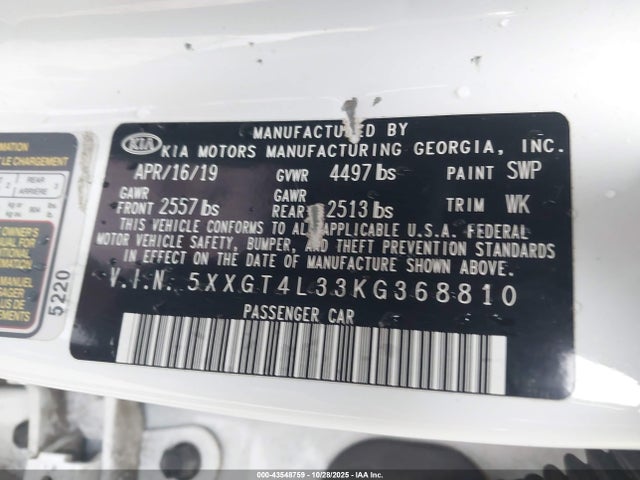 2019 Kia Optima Lx მანქანა იყიდება აუქციონზე, vin: 5XXGT4L33KG368810, აუქციონის ნომერი: 43548759
