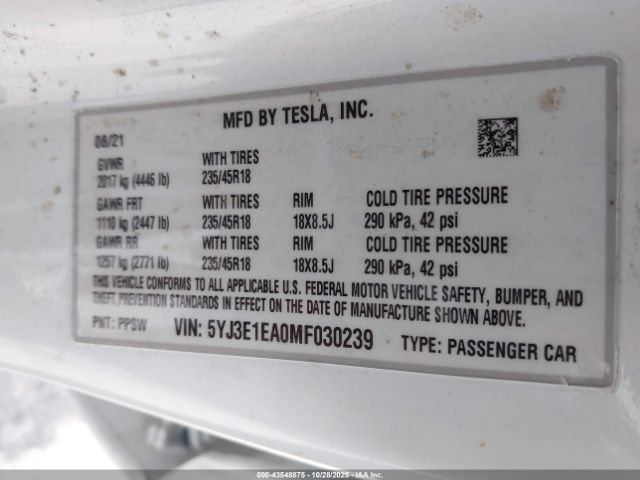 2021 TESLA MODEL 3 5YJ3E1EA0MF030239 Photo 8