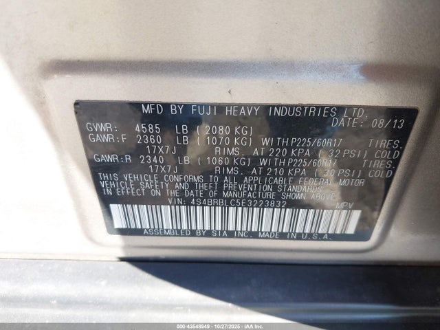 2014 Subaru Outback 2.5i Limited მანქანა იყიდება აუქციონზე, vin: 4S4BRBLC5E3223832, აუქციონის ნომერი: 43548949