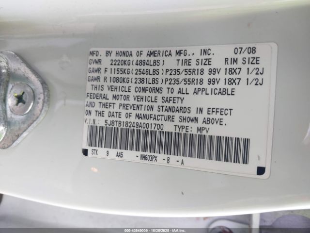 2009 ACURA RDX 5J8TB18249A001700 Photo 8