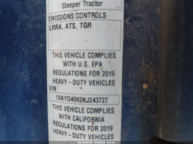 2019 Kenworth T680 მანქანა იყიდება აუქციონზე, vin: 1XKYD49X0KJ243727, აუქციონის ნომერი: 43549109