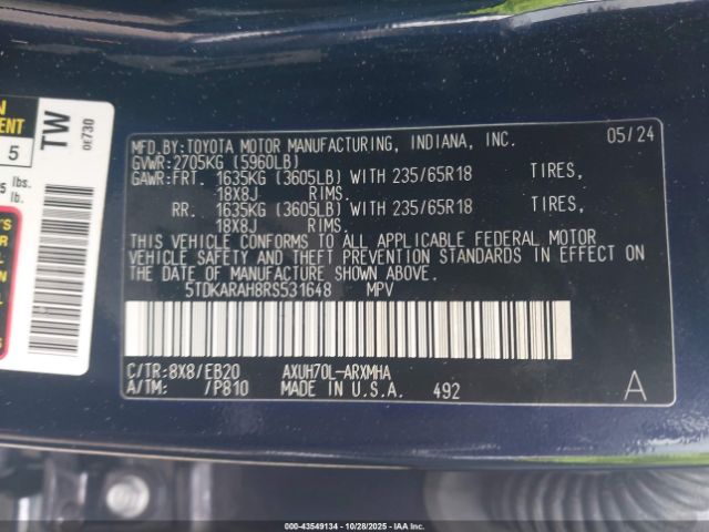 2024 TOYOTA HIGHLANDER HYBRID 5TDKARAH8RS531648 Photo 8