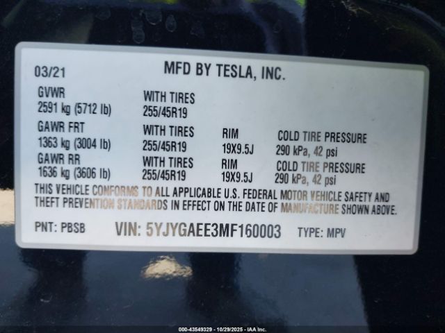 2021 TESLA MODEL Y 5YJYGAEE3MF160003 Photo 8