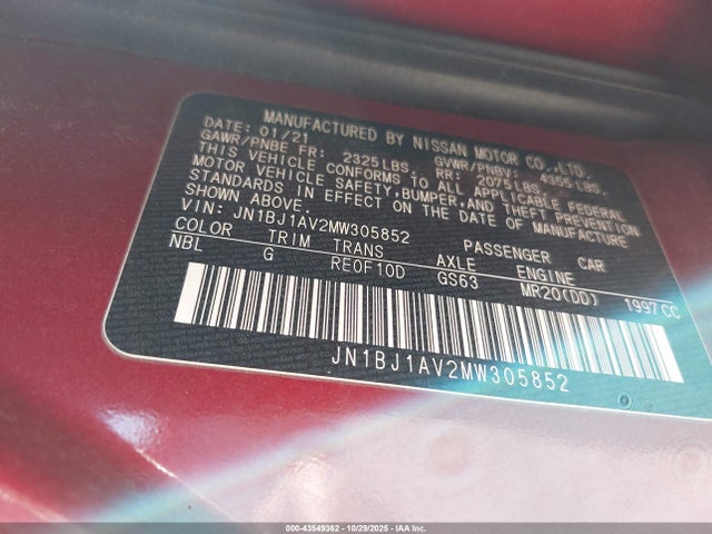 JN1BJ1AV2MW305852 Nissan Rogue Sport S Fwd Xtronic Cvt