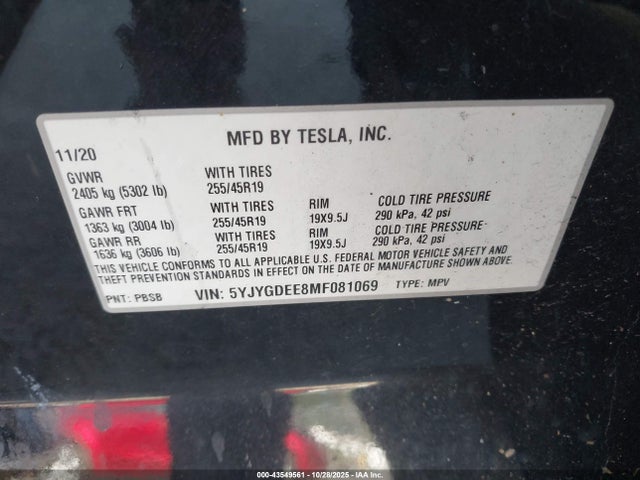 2021 TESLA MODEL Y 5YJYGDEE8MF081069 Photo 8