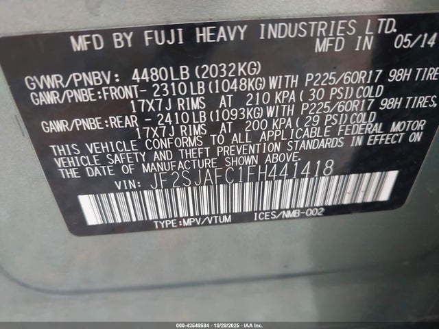 Aukcja sprzedaży 2015 Subaru Forester 2.5i Premium, vin: JF2SJAFC1FH441418, numer aukcji: 43549584
