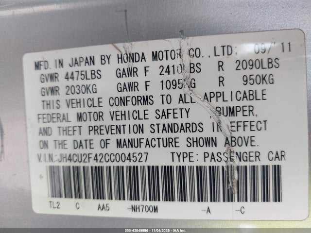 Продаж на аукціоні авто 2012 Acura Tsx 2.4, vin: JH4CU2F42CC004527, номер лоту: 43549596