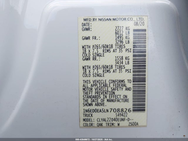 Nissan Frontier Sv 4x2 2020 1N6ED0EA5LN708826 Image 9