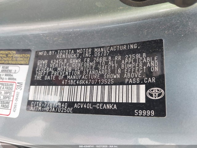 Продаж на аукціоні авто 2007 Toyota Camry Le, vin: 4T1BE46K47U713525, номер лоту: 43549741