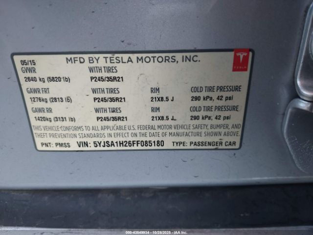 2015 TESLA MODEL S 5YJSA1H26FF085180 Photo 8