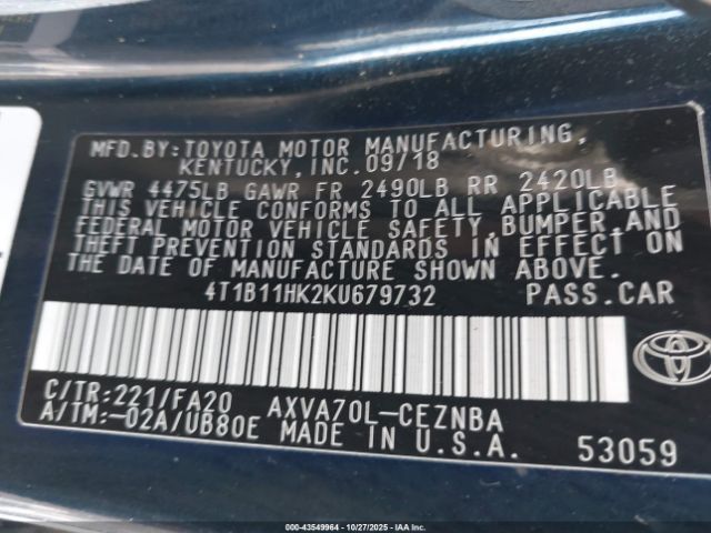 2019 TOYOTA CAMRY 4T1B11HK2KU679732 Photo 8