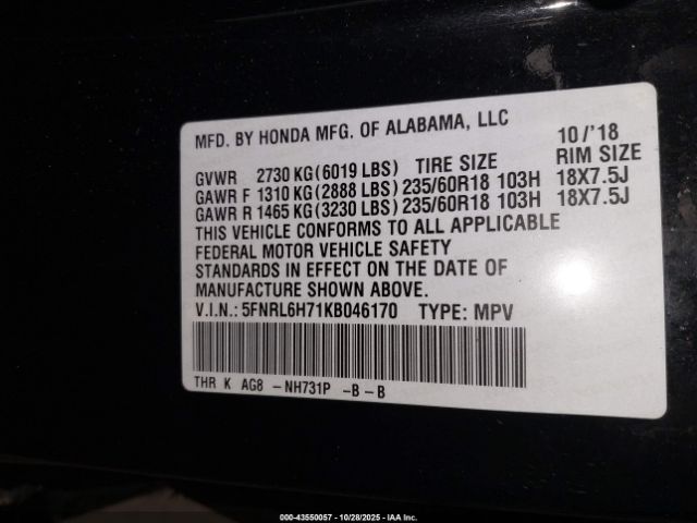 2019 HONDA ODYSSEY 5FNRL6H71KB046170 Photo 8