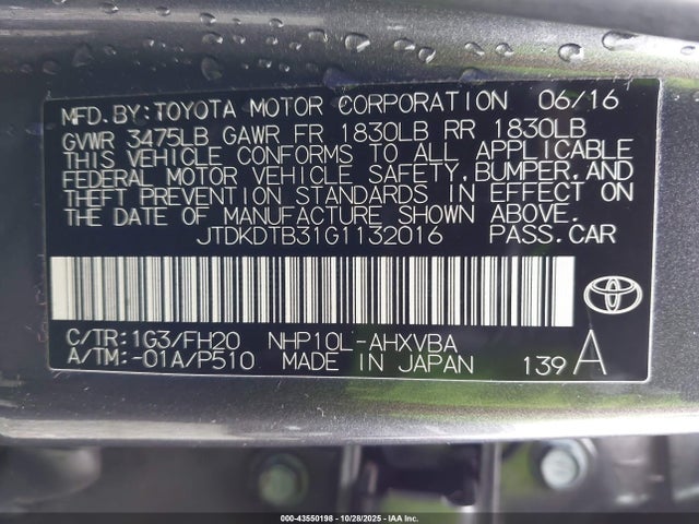 JTDKDTB31G1132016 Toyota Prius C One