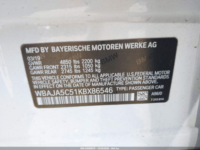 2019 BMW 5 SERIES WBAJA5C51KBX86546 Photo 8