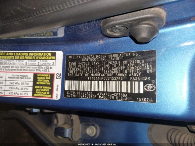 2018 TOYOTA CAMRY 4T1B11HK0JU153775 Photo 8