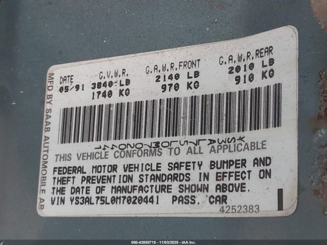 1991 SAAB 900 YS3AL75L0M7020441 Photo 8