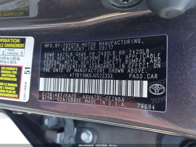 4T1B11HK6JU522333 Toyota CAMRY LE